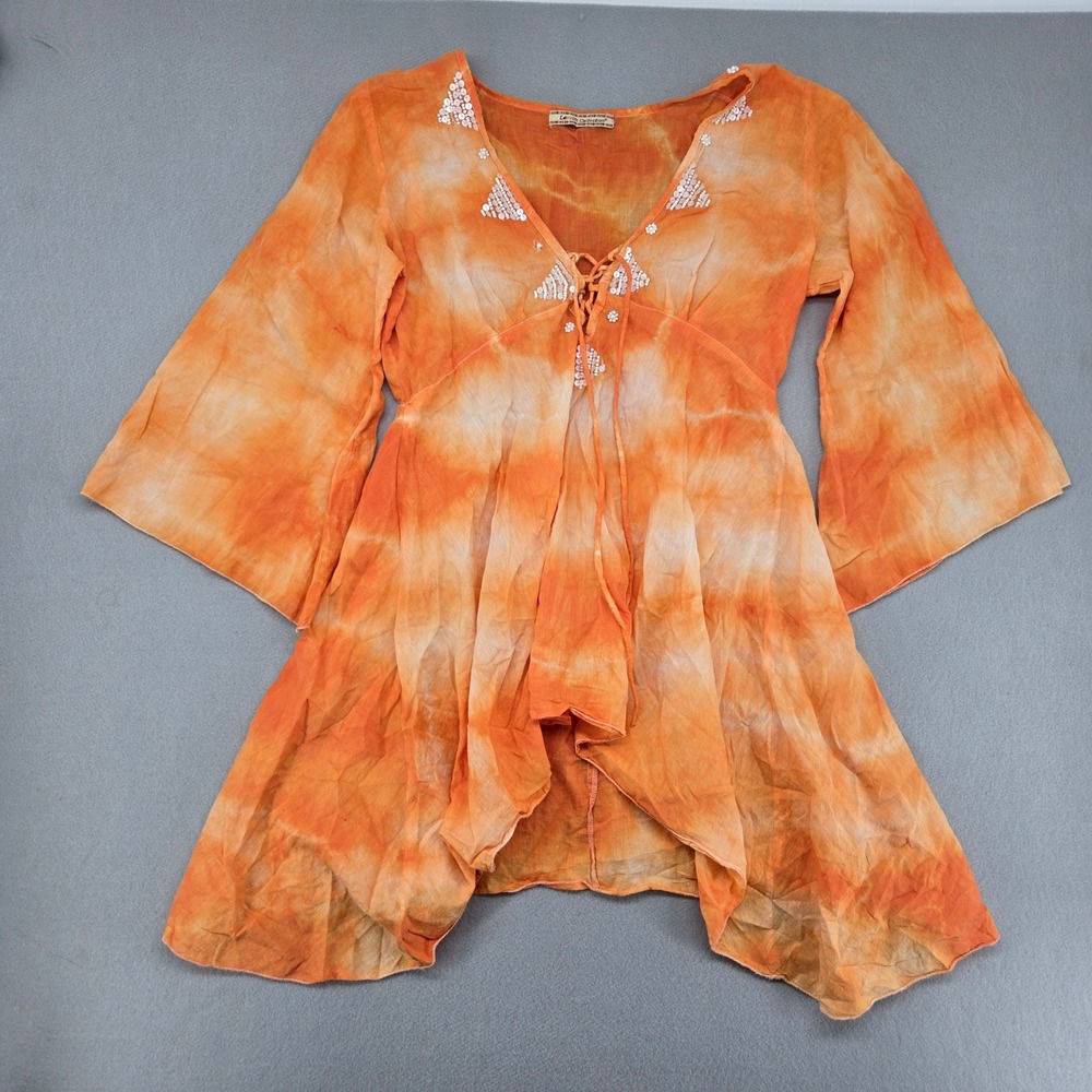 Lemon‎ Collection Tie Dye Sequin Bell Sleeve Lace Up Dress Orange Cotton Y2K